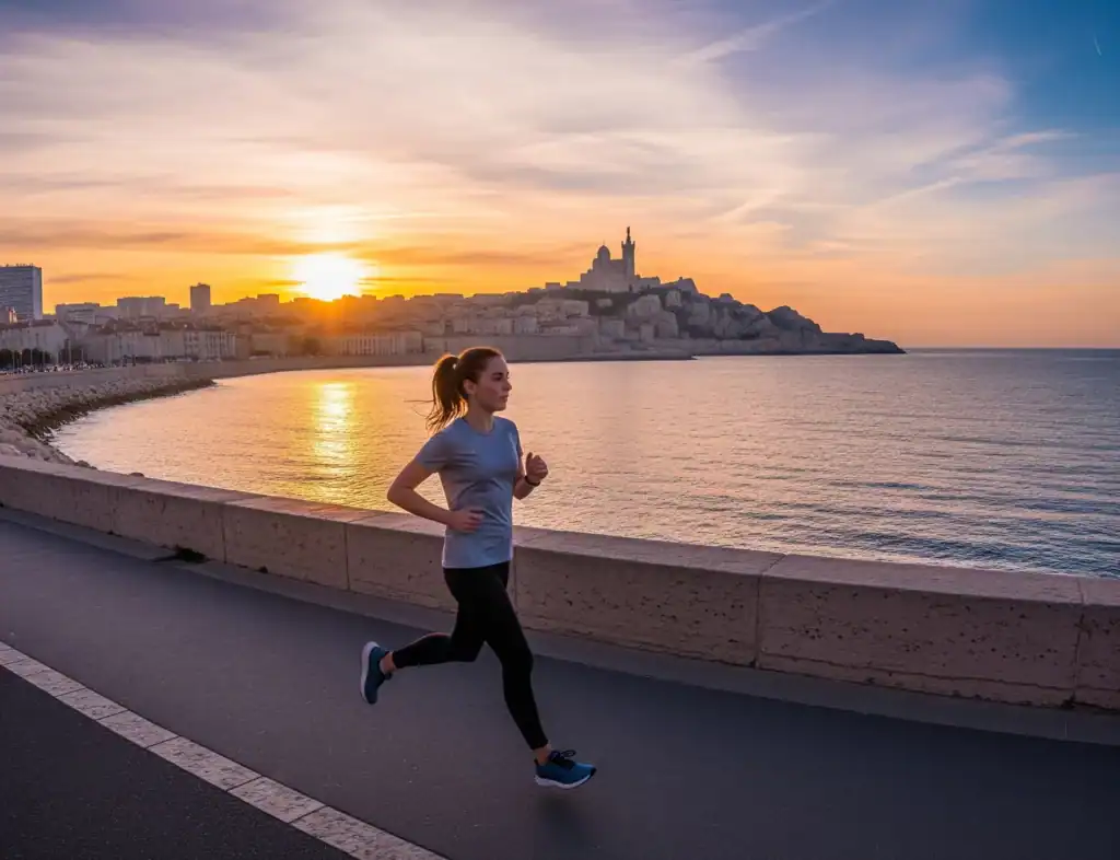 sight jogging sur la corniche au lever du soleil.